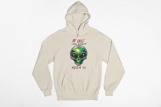 If Lost Please Return to Area 51 Alien Hoodie – Funny UFO Graphic Sweatshirt, Conspiracy Humor Pullover, Sci-Fi Streetwear, Unisex Heavyweight Fleece