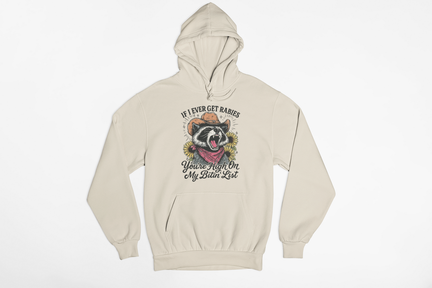 You’re High On My Bitin’ List Raccoon Hoodie – Funny Western Graphic Sweatshirt, Zero Filter Sarcastic Cowboy Raccoon Pullover, Attitude Humor Hoodie, Unisex Heavyweight Fleece