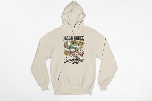 Make Sense Common Again Funny Frog Hoodie – Sarcastic Graphic Zero Filter Sweatshirt, Western Cowgirl Frog Pullover, Humor Hoodie