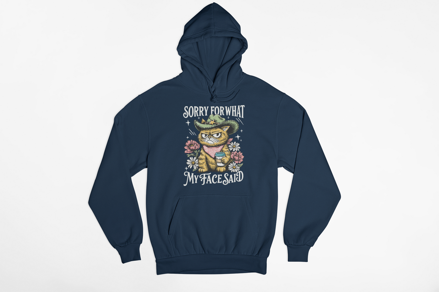 “Sorry For What My Face Said” Cowboy Cat Hoodie – Funny Zero Filter Western Graphic Hoodie