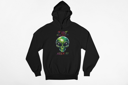 If Lost Please Return to Area 51 Alien Hoodie – Funny UFO Graphic Sweatshirt, Conspiracy Humor Pullover, Sci-Fi Streetwear, Unisex Heavyweight Fleece