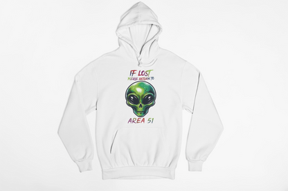 If Lost Please Return to Area 51 Alien Hoodie – Funny UFO Graphic Sweatshirt, Conspiracy Humor Pullover, Sci-Fi Streetwear, Unisex Heavyweight Fleece