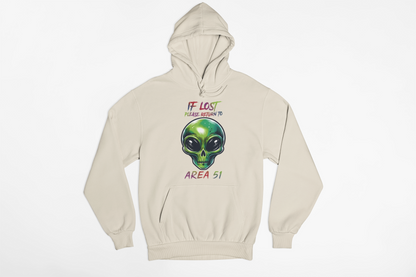 If Lost Please Return to Area 51 Alien Hoodie – Funny UFO Graphic Sweatshirt, Conspiracy Humor Pullover, Sci-Fi Streetwear, Unisex Heavyweight Fleece