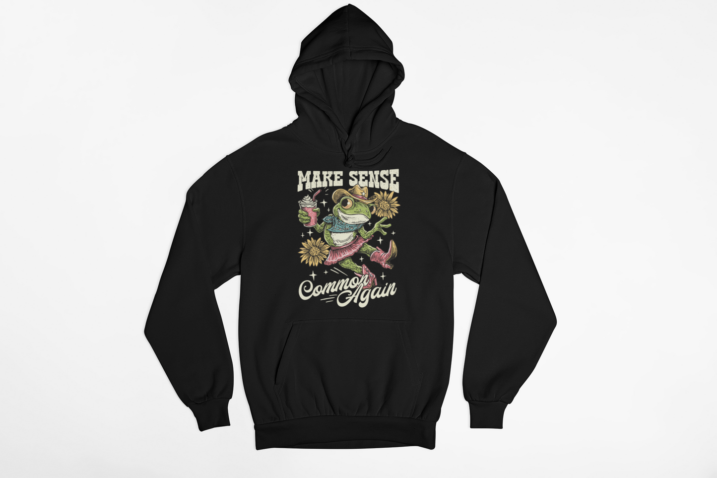 Make Sense Common Again Funny Frog Hoodie – Sarcastic Graphic Zero Filter Sweatshirt, Western Cowgirl Frog Pullover, Humor Hoodie