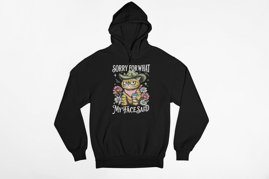 “Sorry For What My Face Said” Cowboy Cat Hoodie – Funny Zero Filter Western Graphic Hoodie